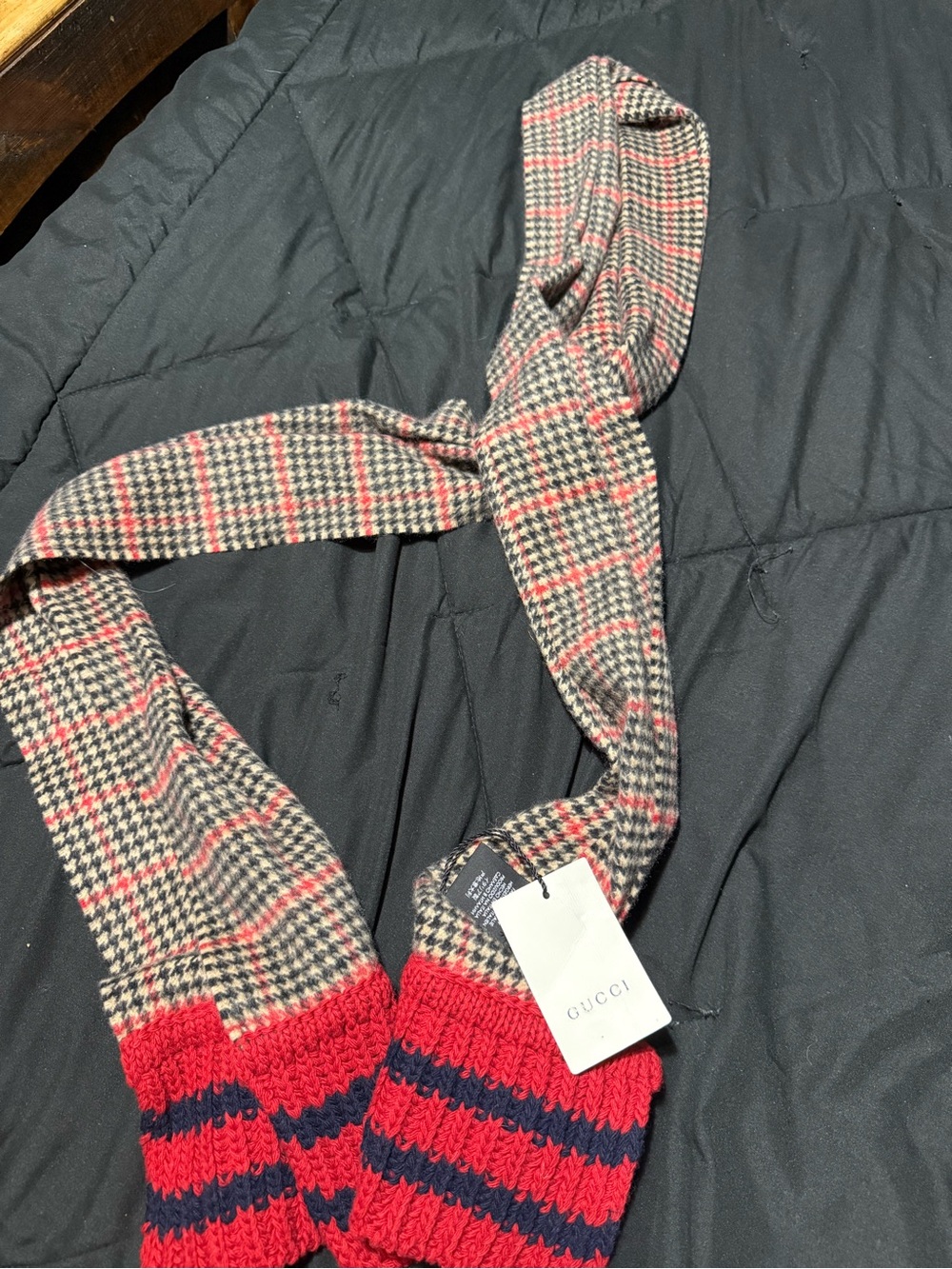 GUCCI Red, Navy & Black Knit Scarf with Houndstooth Detail